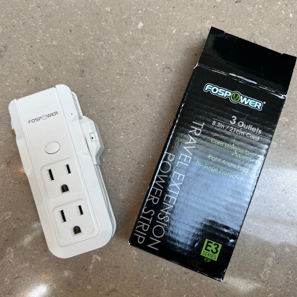 Extension Power Strip - for home or travel. 3 outlets in slim space.